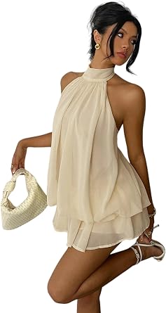 Womens Mini Backless Halter Flowy Summer Dress Ruffle Sleeveless Short Sundess A Line Cute Dresses for Womens