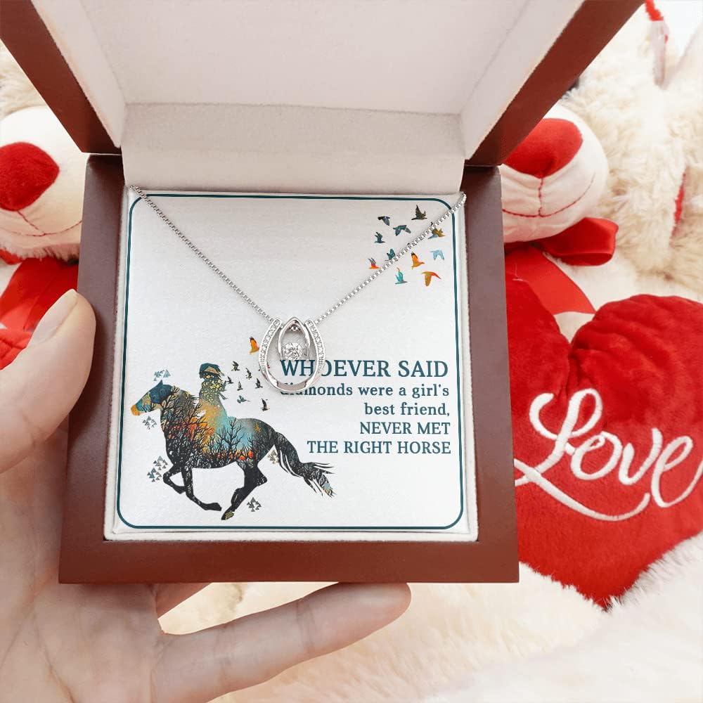 Gift for Her- The Lucky Horseshoe Necklace for Mom Wife Girlfriend, Great Gift for Christmas Birthday Thanksgiving Mothers Day Valentine's Anniversary Jewelry (Mahogany Style Luxury Box with LED, Horse Girl Necklace)