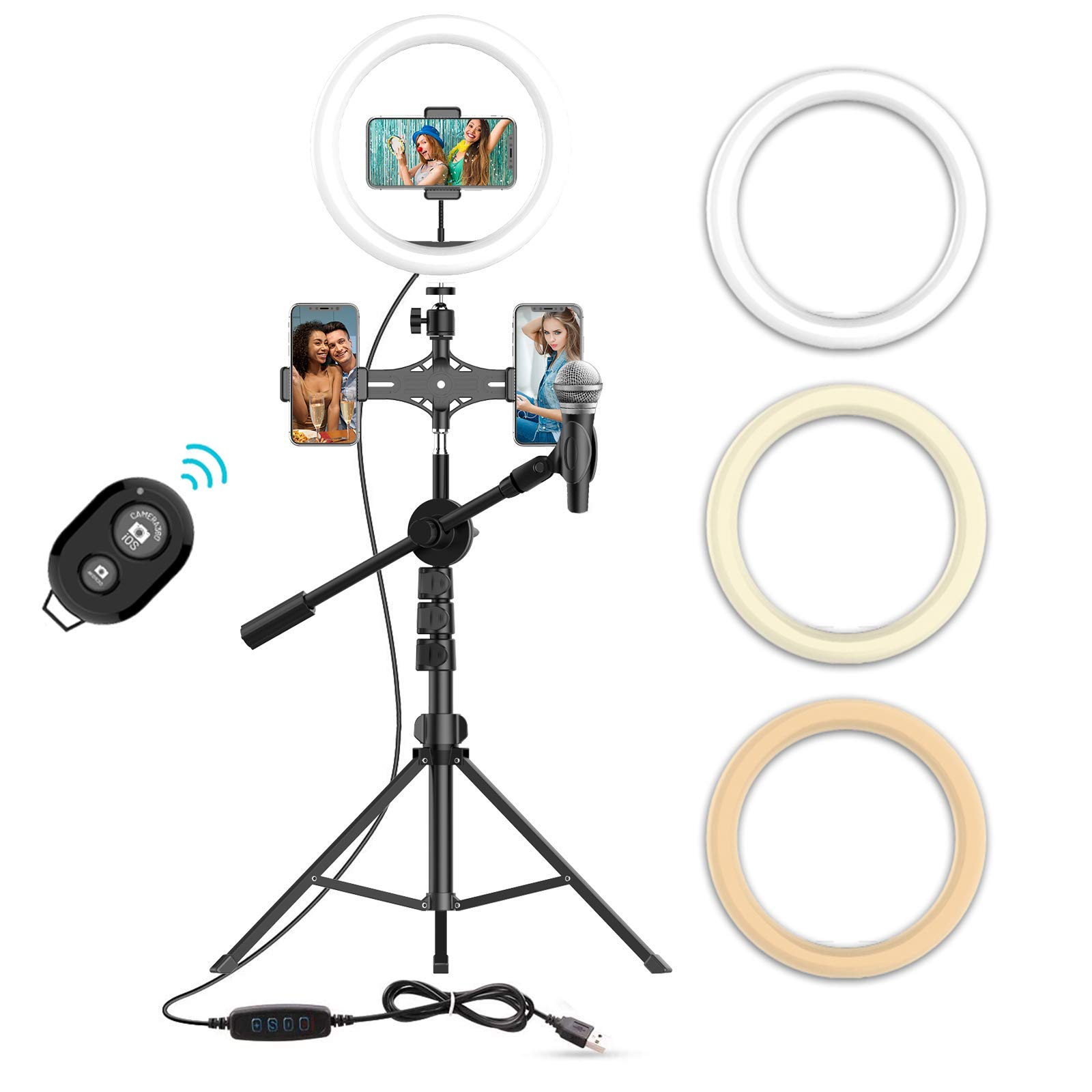 10"Selfie-Ringlicht mit 63" Stativ-Ständer, Bluetooth-Fernbedienung, 3 Handy-Halterungen & Mikrofon-Clip, Circle Lights LED-Ringlicht für Tik Tok/YouTube Videos, Make-Up, Fotografie & Live-Streaming