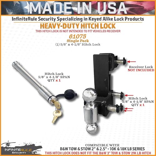 InfiniteRule Security 61575 | 2 Pack, Keyed Alike, Hitch Locks for B&W 2" & 2.5" Tow and Stow 10K LB & 18K LB - Fits Adjustable Ball Mount Only - Does NOT FIT Vehicle Receiver - Thumbnail 2