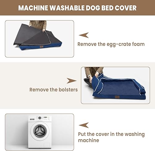 Miniatura 5 de Cama grande para perros, camas azules para perros grandes, cama lavable con cojines extraíbles, cama para perro impermeable con parte inferior