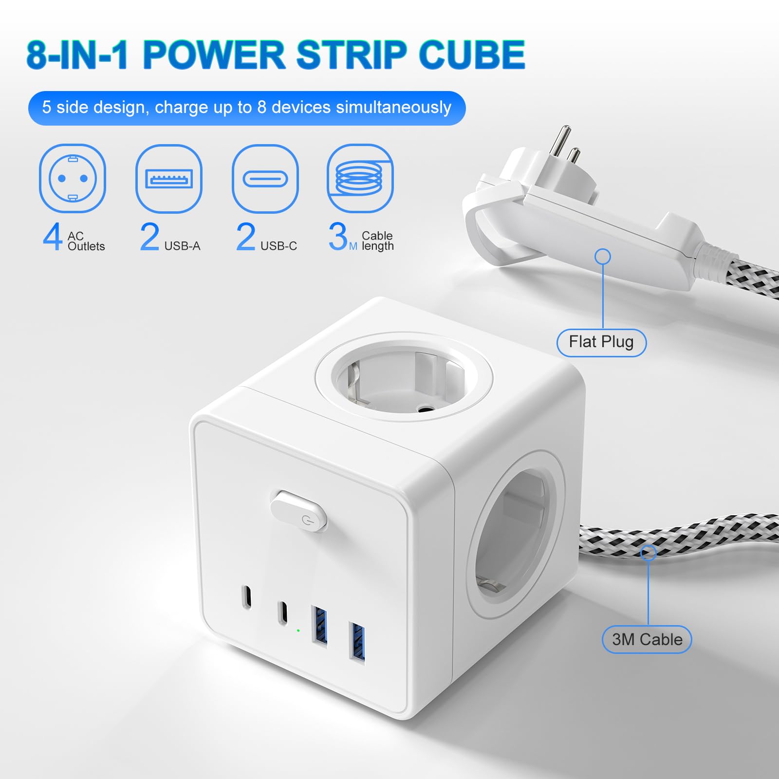 Kostka do gniazdka, z 2 USB A i 2 USB C, 4-krotny adapter z przełącznikiem, 8 w 1 z kablem 3M, do biura, domu, biała