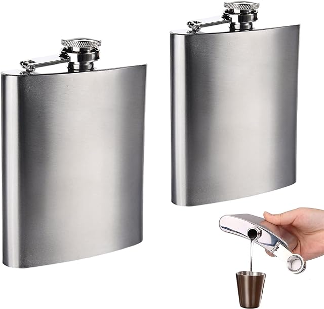 PXRLMYF 2Pcs 7oz Hip Flask,Stainless Steel Pocket Whiskey Flask Flagon Portable Pocket Hip Flask for Climbing Camping Barbecue Bar Party Drinker, Silver,19.5x13x2.5cm,A014