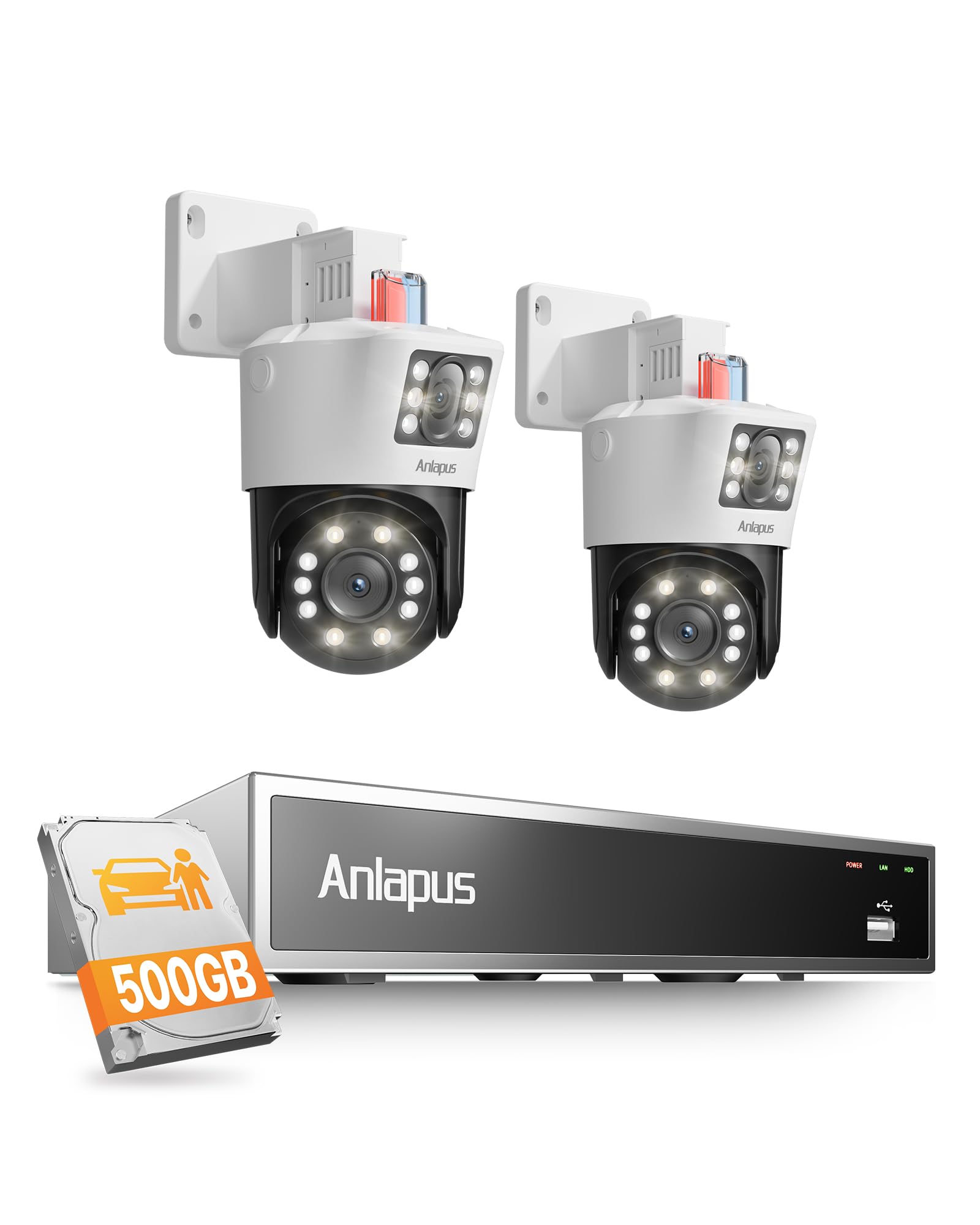 Anlapus 5MP+5MP Dual-Lens PoE Überwachungskamera Set Außen 8CH NVR 500G HDD
