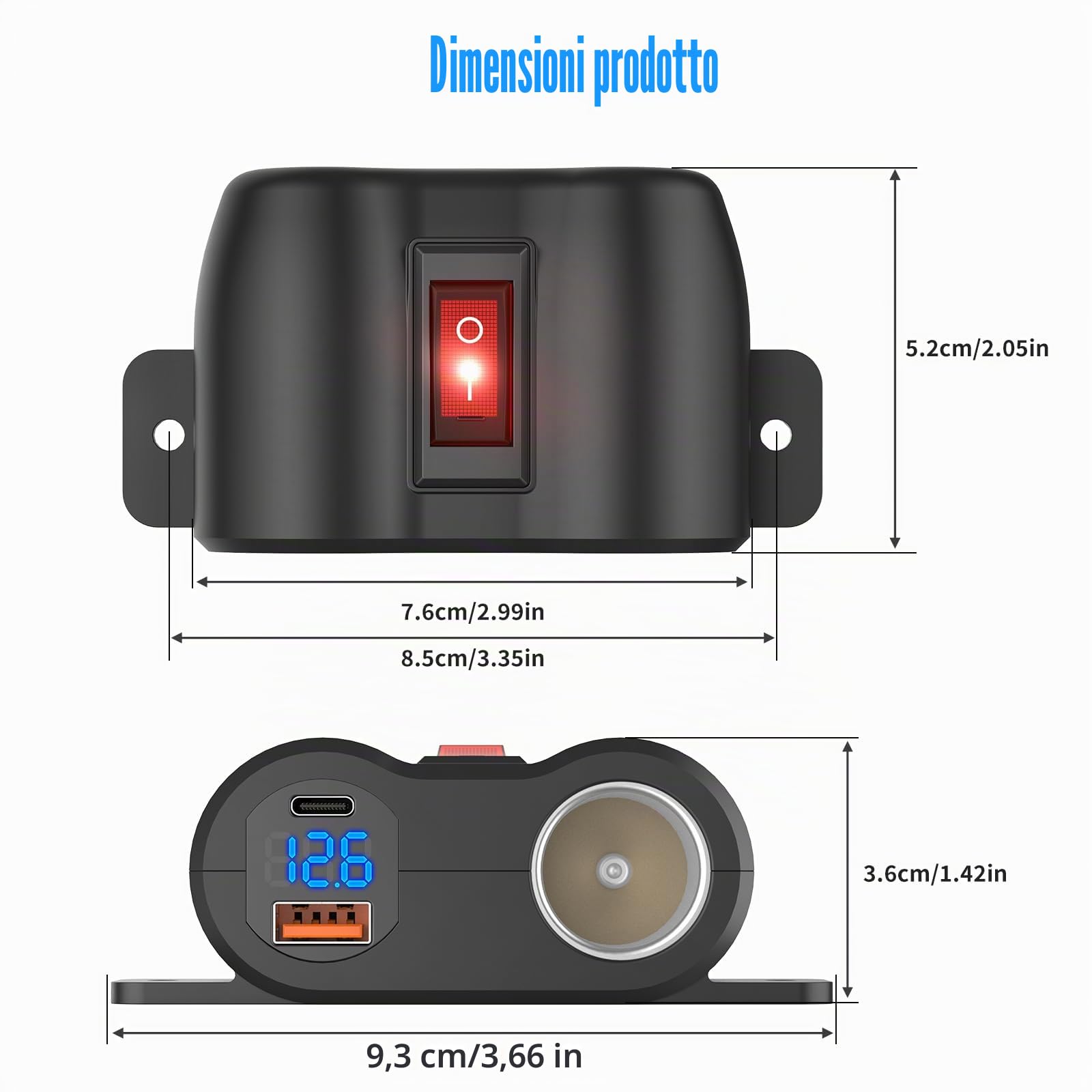 Pannello di Linea 2 in 1 Preassemblaggio Presa USB 12V Presa Accendisigari, PD 30W e Caricatore di Porte USB per Auto QC3.0 con Voltmetro a LED, Adattatore Presa 120W con Interruttore per Auto Barca