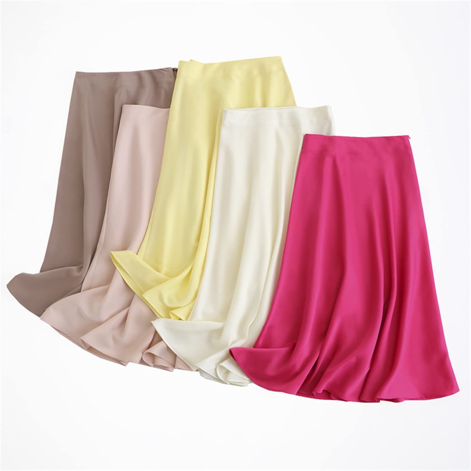 Jupe midi vintage en satin avec fermeture éclair latérale pour femme, jaune, 36