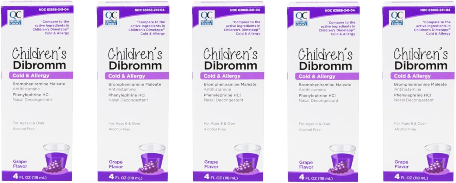 Quality Choice Children's Dibromm Cold & Allergy Liquid, Grape Flavor, 4 oz. Antihistamine & Decongestant for Kids Relieves Sneezing, Runny Nose, Itchy Eyes & Nasal Congestion, Pack of 5