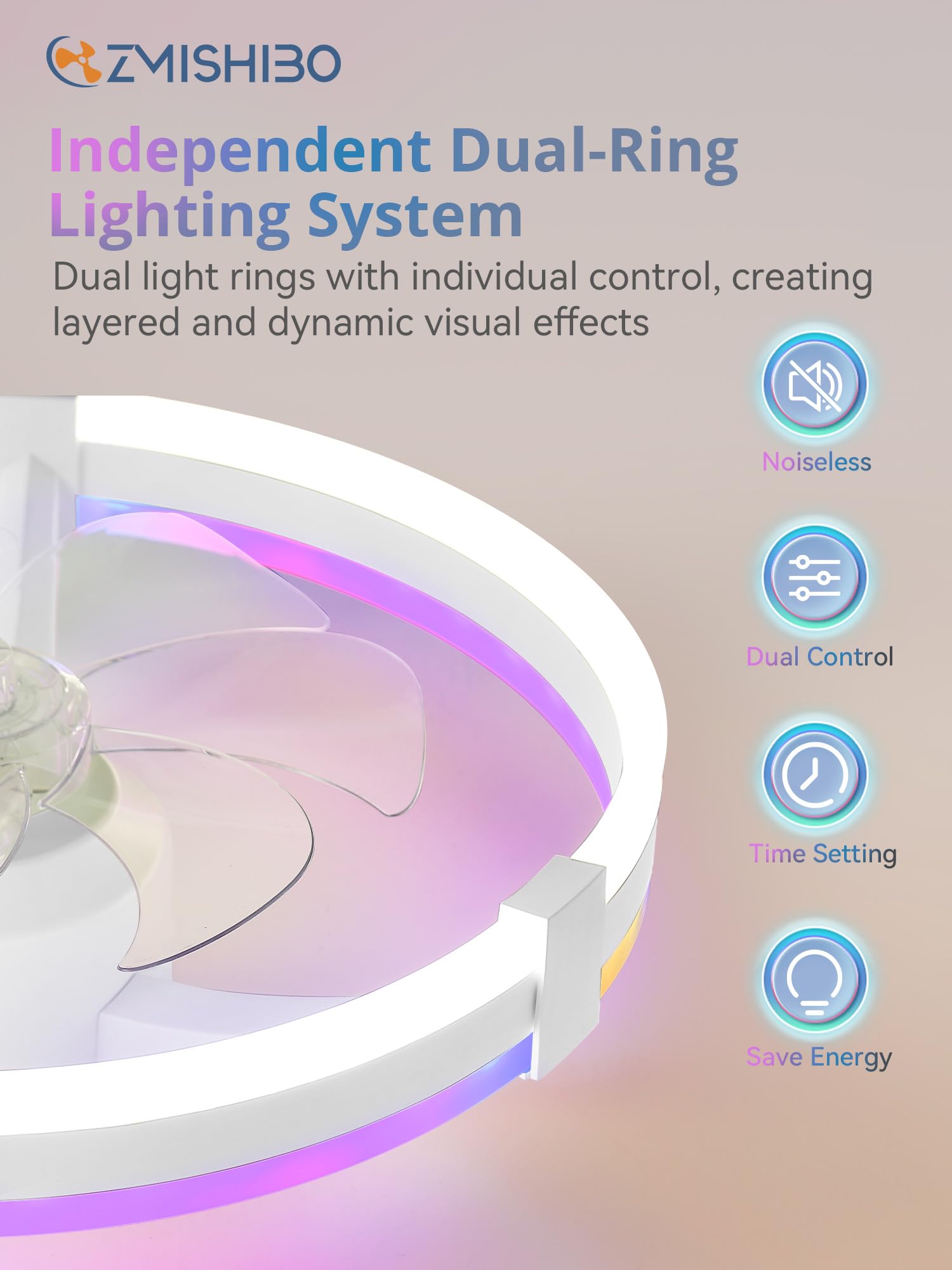 ZMISHIBO 51 cm RGB-Deckenventilator mit Licht,Fernbedienung & APP-Steuerung,6 Geschwindigkeiten, Vorwärts- & Rücklauf,15%-100% dimmbar,3CCT,obere und untere Lichtkreise separat steuerbar, 1/4/8H Timer