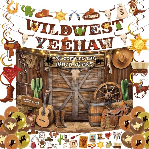 Western Cowboy Party Decorations Kit - 29 Pcs Wild West Yee Haw Banner Garland Hanging Swirls Balloons Arch Backdrop Farm Booth Photo Props Decor For Country And Western Cowboy Themed Party Supplies