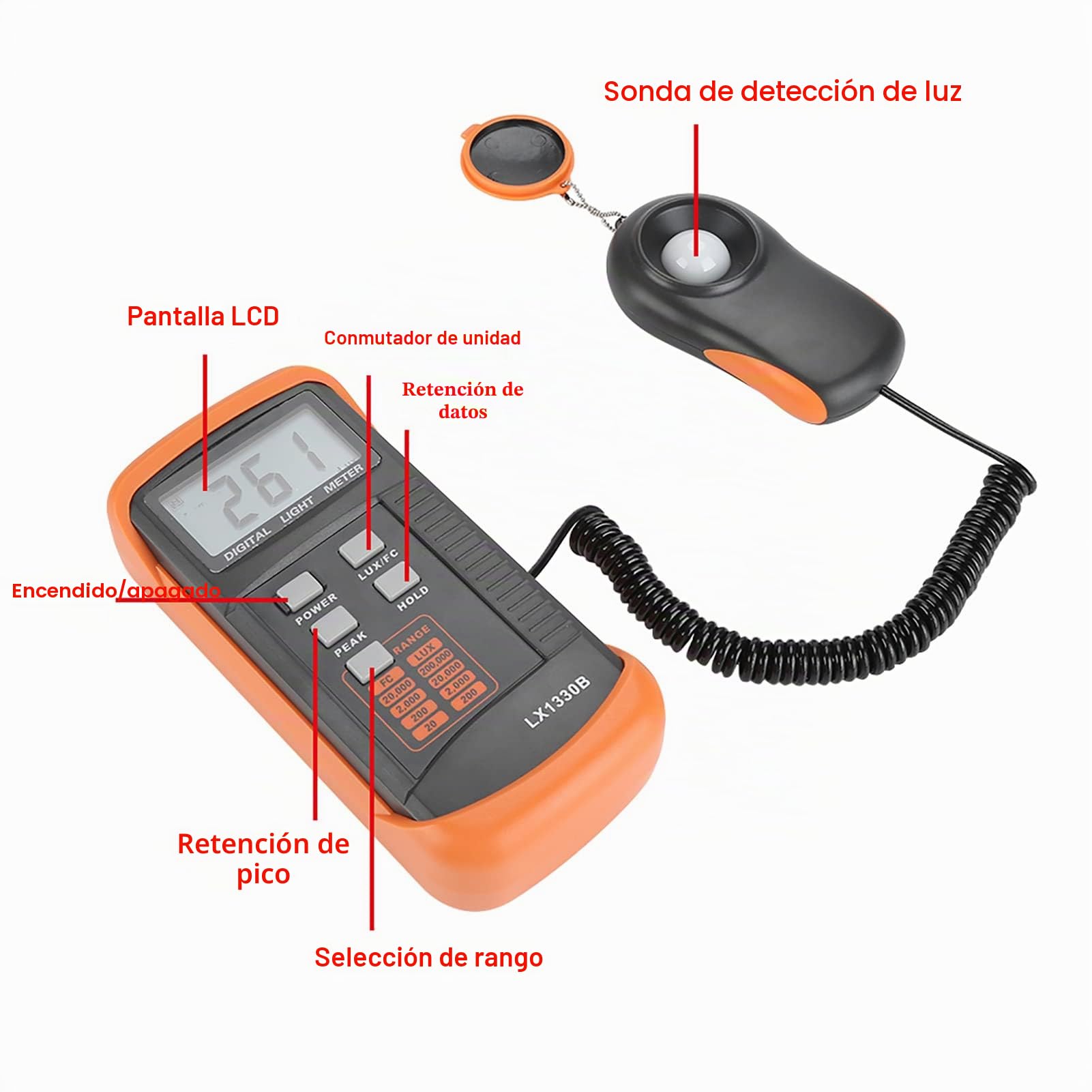 LX1330B Medidor de iluminancia Pantalla LCD Luxómetro digital 0.1 a 200,000 Lux Fotómetros Detectores de brillo portátiles Instrumentos de medición ambiental