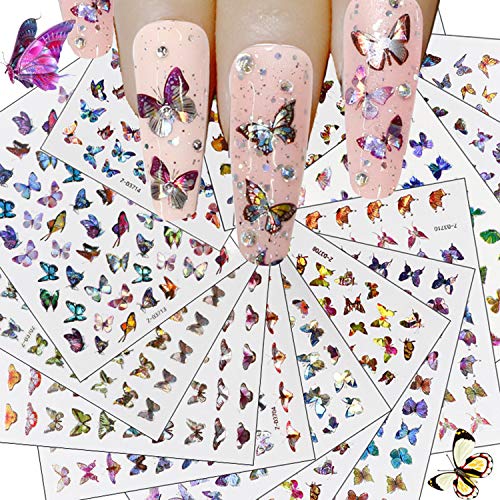 Butterfly Nail Art Stickers Colorful Laser Bronzing Nail Decals Butterflies for Nails Art Designs Self Adhesive Decals Butterfly Nail Art Foil Sticker Set Finger Toe Manicure Tips (24 Sheets)