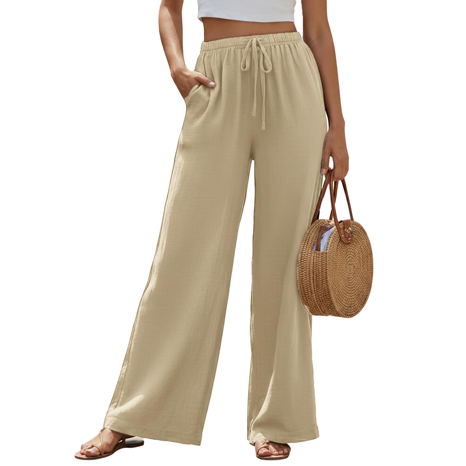 Womens Linen Trousers, Wide Leg Summer Pants with Pockets, High Waisted Elastic Waist Casual Loose Palazzo for Ladies Khaki