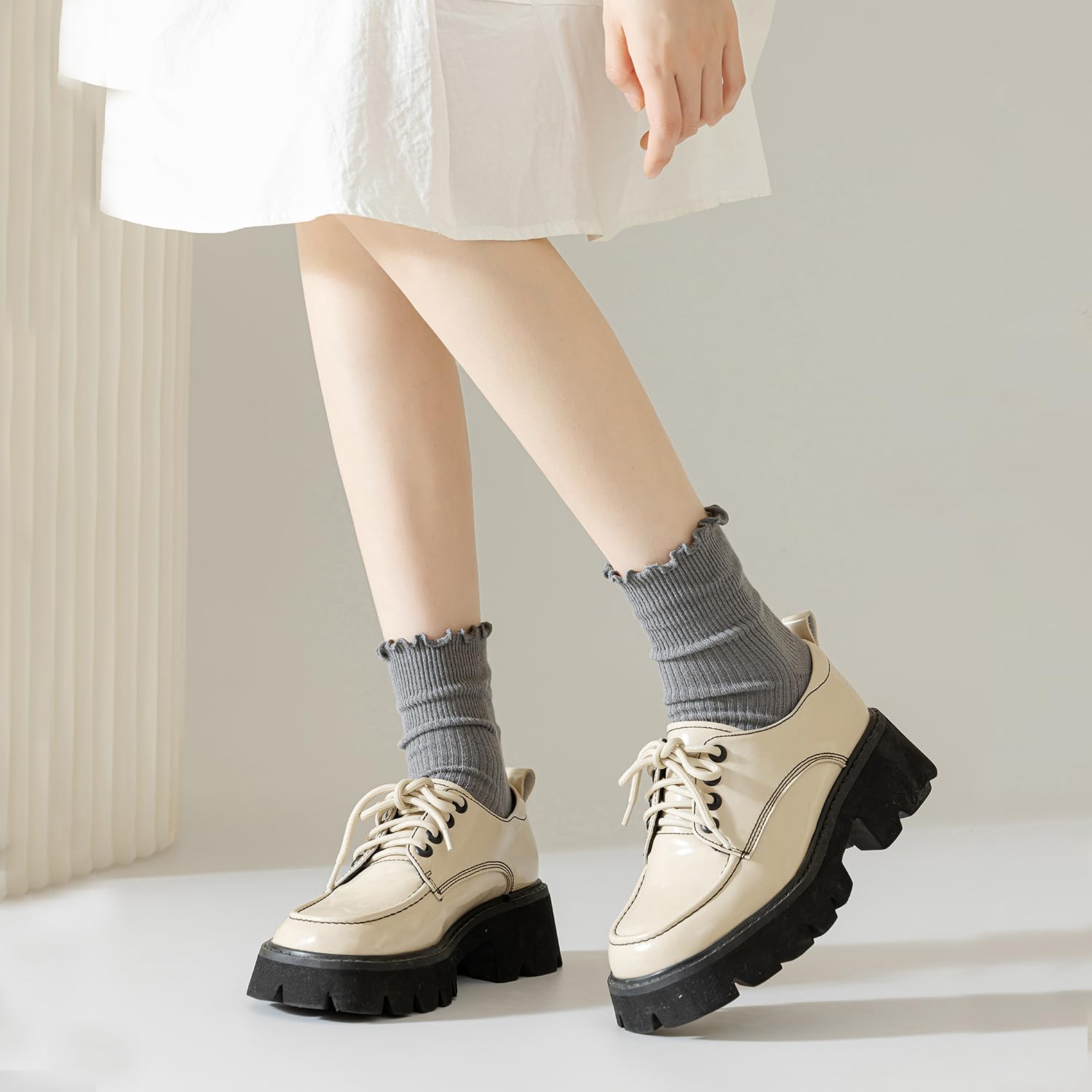 Mcool Mary Women's Ruffle Socks,Casual Cute Ankle Breathable Knit Cotton Soft Frilly Crew Socks for Women 6 Pack: 5-9 6colors(blue+grey+dark Blue+white+milk White+black)