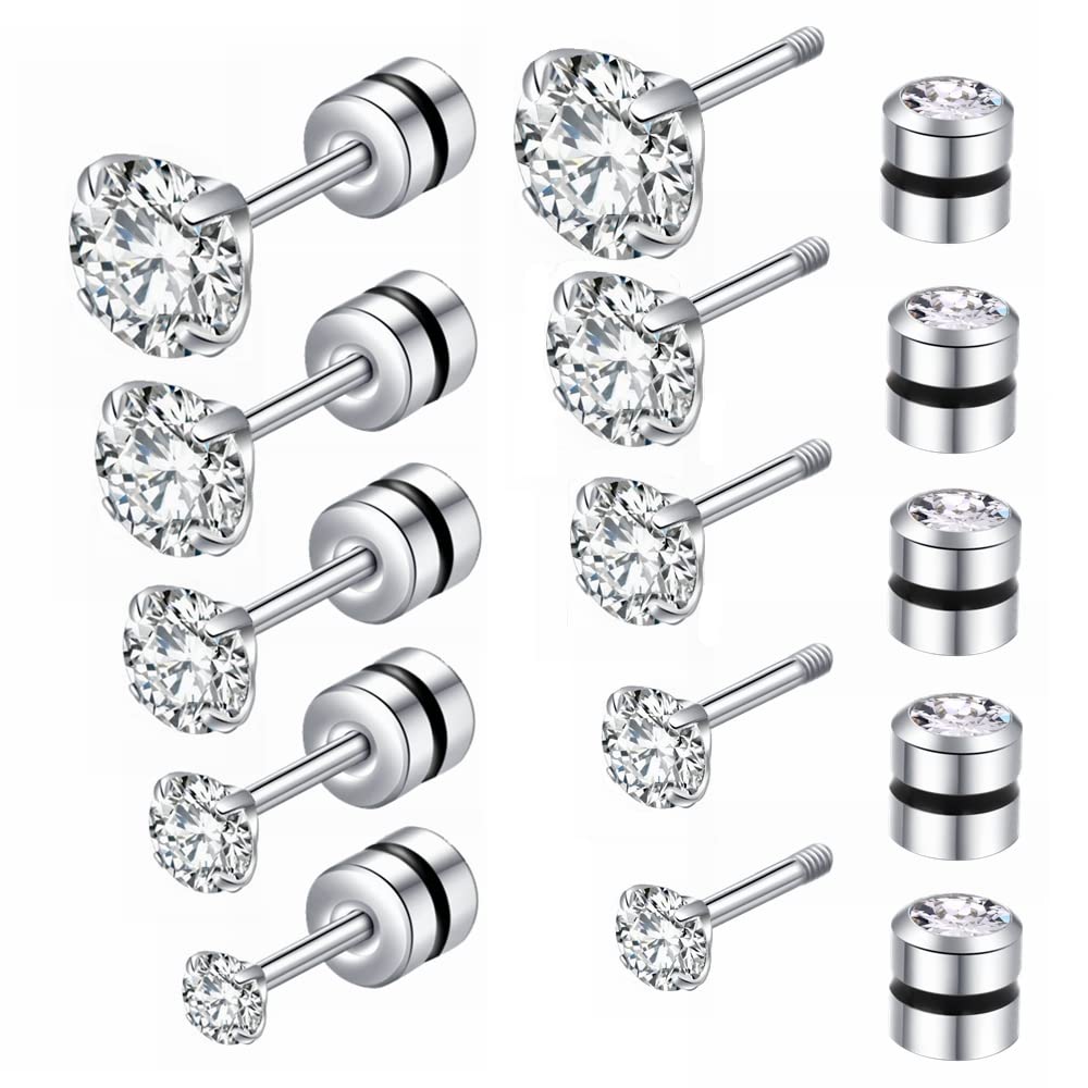 5 Pair Titanium Screw Back Stud Earrings Set for Women Girls, Hypoallergenic Surgical Steel 5A Cubic Zirconia 20G Helix Piercing Jewelry Cartilage Earrings for Sensitive Ears Sleeper Studs