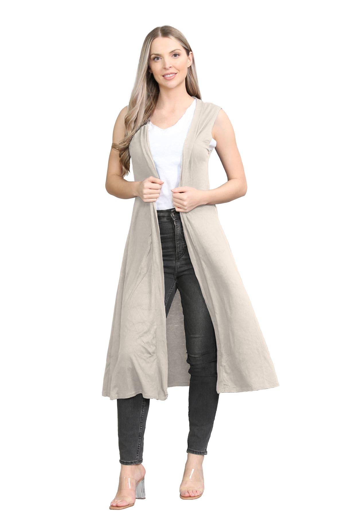 Janisramone Women's Stone Janisramone® Sleeveless Cardigans For Uk, Stylish And Versatile Plain Open Collared Long Maxi Boyfriend Cardigan Perfect For Layering Over Summer Dresses