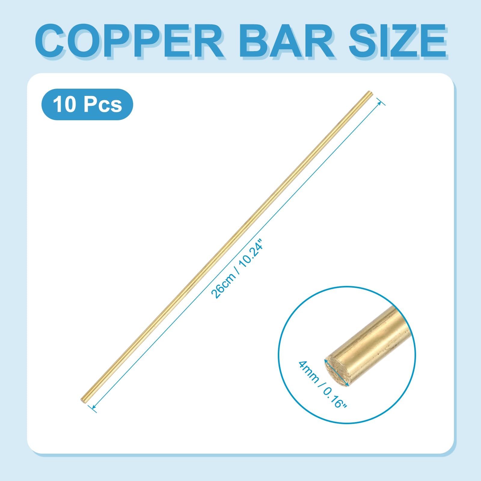 PATIKIL 10 Tiges En Laiton Rond, Diamètre 4mm, Longueur 26cm / 10.24 Pouces Barres En Laiton H59 Solides Pour DIY Bijoux Plaquage Réparation Cours De Science, Couleur Laiton