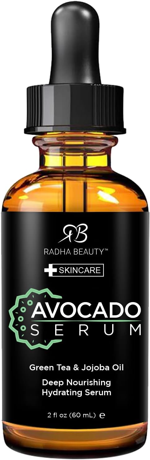 Radha Beauty Avocado Serum 60mL - with Hyaluronic Acid, Vitamin E, Jojoba, and Green Tea. Best Night and Day Moisturising Facial Treatment