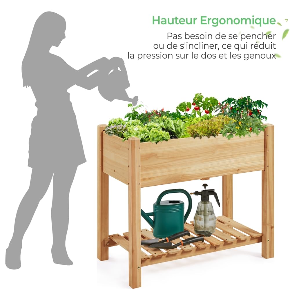 Yaheetech Carré Potager sur Pied en Bois avec Plateau Intérieur Extérieur Structure Ergonomique Trous de Drainage pour Balcon/Jardin