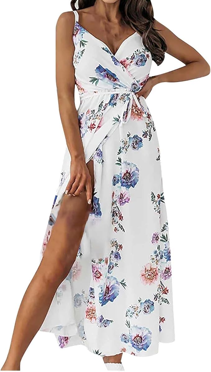 Women Dresses Summer Casual Printed Sleeveless Holiday Party Floral Print Long  Dress Waist Belt Split Long Dress : Amazon.de: Fashion