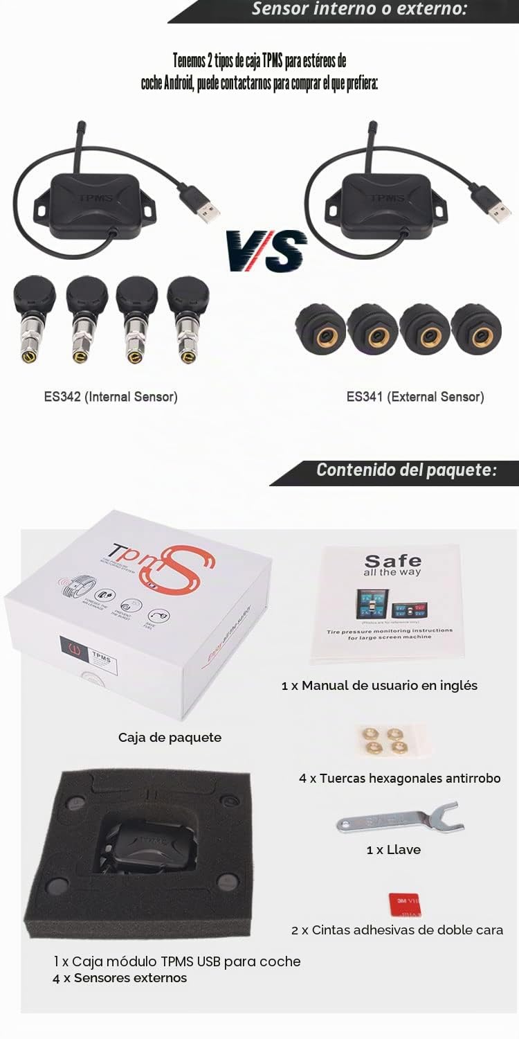 USB TPMS Módulo Presión de los neumáticos 4 Sensores para Android 9.0/10.0/11.0 o Superior Radio de Coche