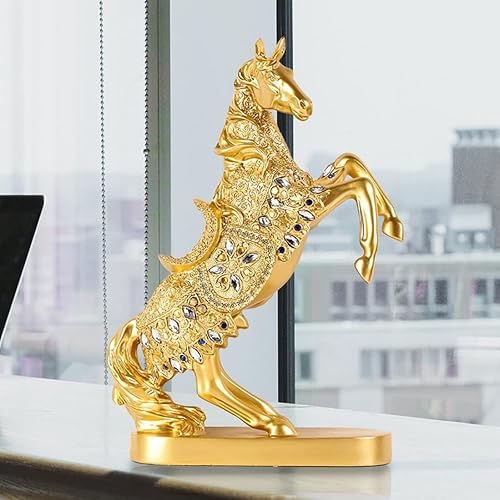 Miniatura 7 de Estatua de caballo de guerra dorada con diamantes artificiales, artesanía de resina de moda para sala de estar, dormitorio, decoración, escultura de