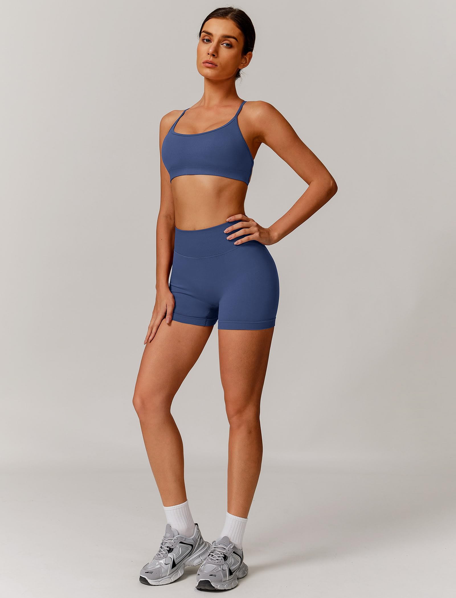 IMEKIS Conjunto de gimnasio de 2 piezas para mujer, traje deportivo Crossback con cintura alta, pantalones cortos de yoga, fitness, ropa deportiva, entrenamiento, jogging y pilates