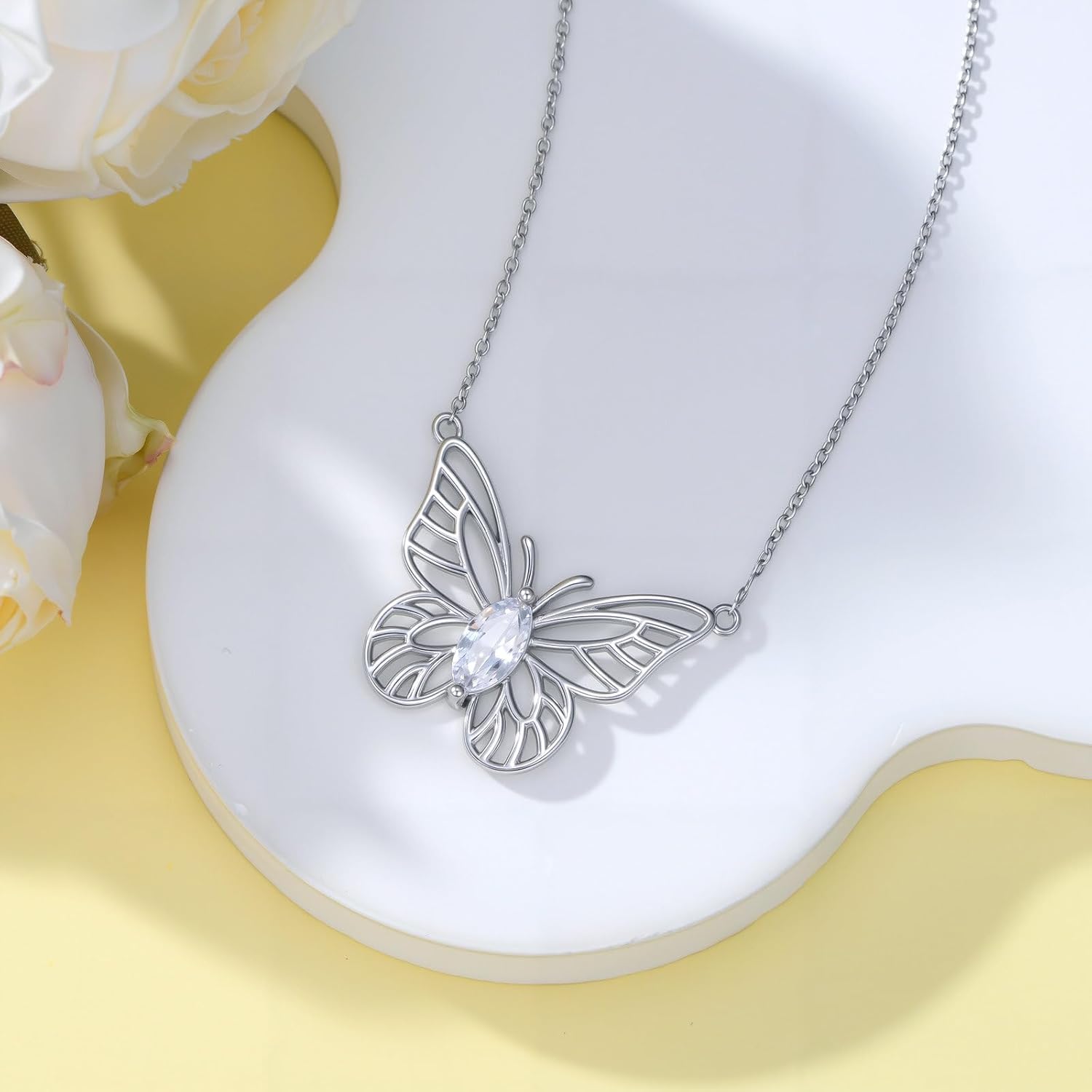 925 Sterling Silver Dainty Butterfly Pendant Necklace,Cubic Zirconia Butterfly Necklace 18''+2'' Adjustable Chain Trendy Jewelry for Women - Image 3