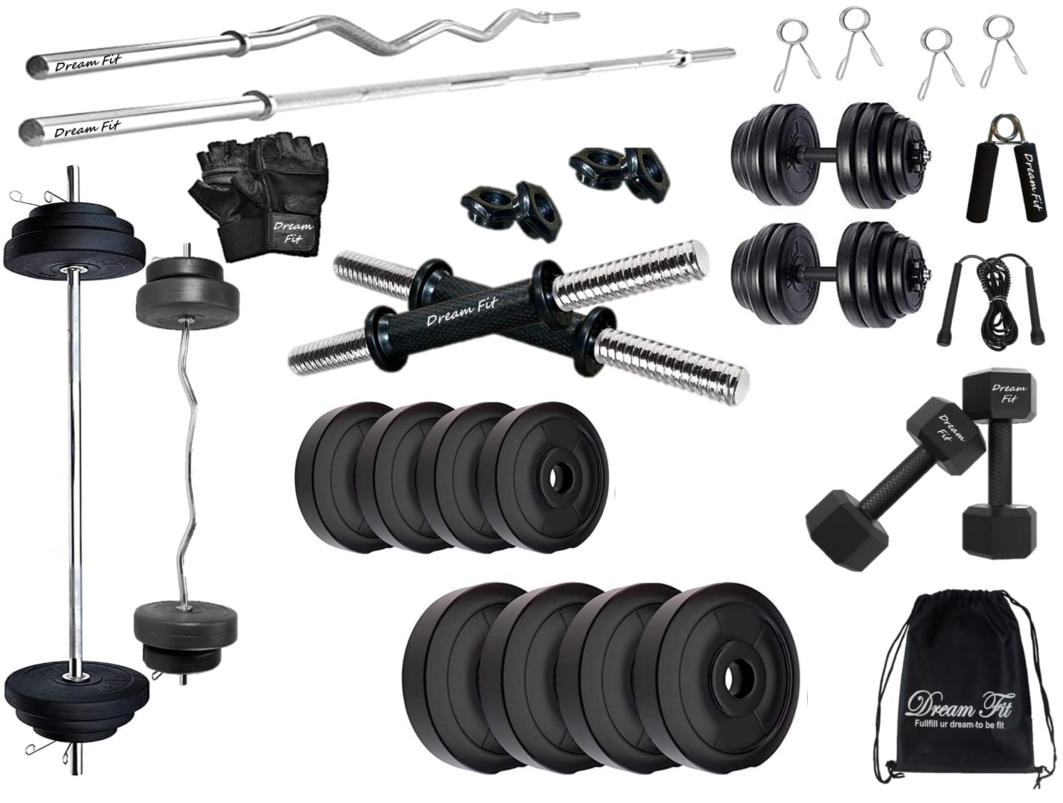 DREAM FIT PVC Home Gym Set - 30Kg PVC Plates with 3 ft Curling Rod, 5ft Straight Rod, 1 Pair Dumbbell rods, 1 Pair of 2Kg PVC hex Dumbbells and Gym Accessories (30kg Set)