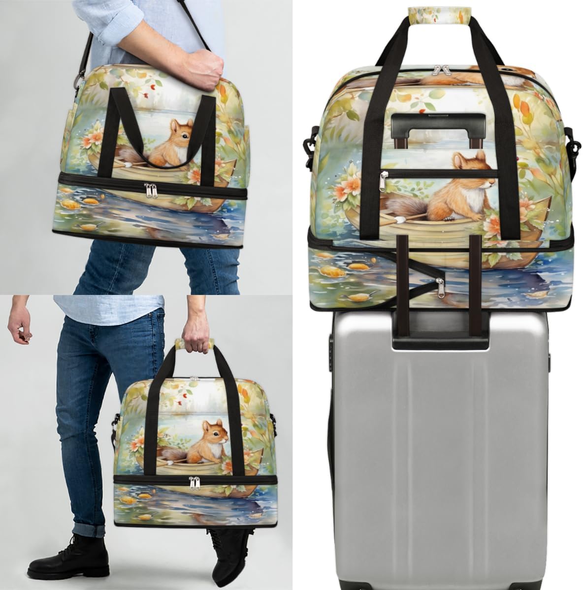 QsirBC Squirrel Fun Decor Gym Bag for Women Duffle Tote with Shoes Compartment Men Weekender Duffel for Dance Travel Sports Swimming Overnight