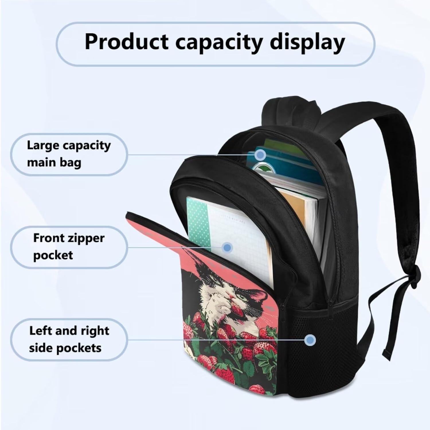 Kawaii Strawberry Cat Cute Backpacks for Girls Preppy Lightweight School Backpack for Girls 10-12 Animals 3 Piece Backpack Set with Insulated Lunch Box Primary Middle School