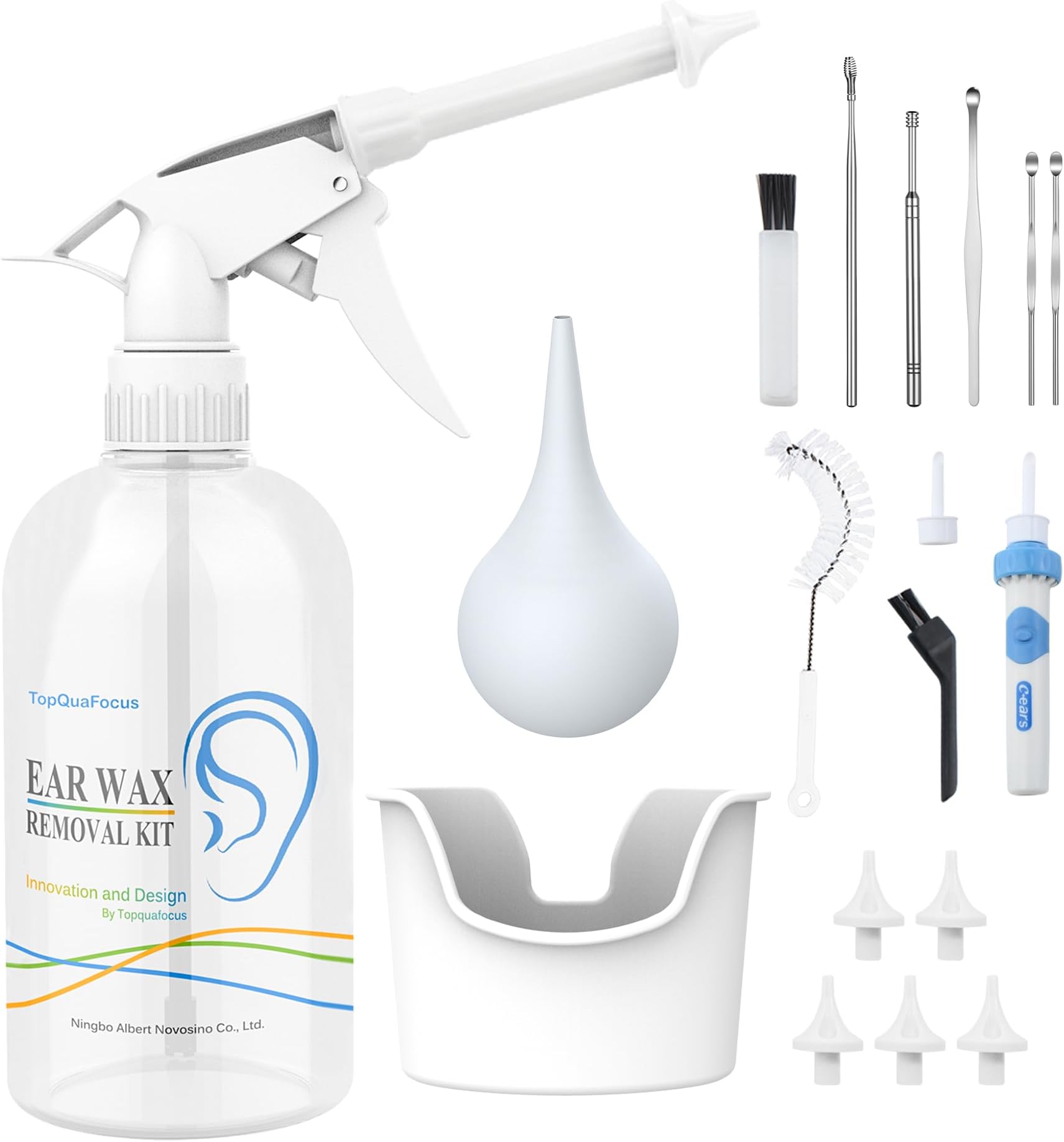 – TopQuaFocus Ear Cleaner Earwax Removal Kit, Ear Wax Remover Irrigation Tool, 16.9oz Washer Bottle, 6pcs Ear Pick for Adults & Kids Cleaning 500ml (Clear)