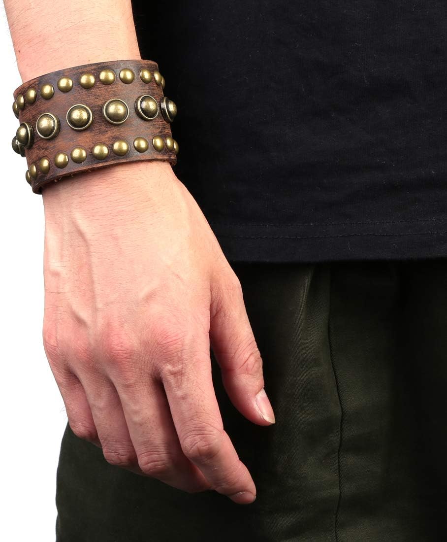 STWTR Men's leather wide waistband Wrist Cuff Bracelet Fashion Bracelet simple coffee adjustable - Image 6