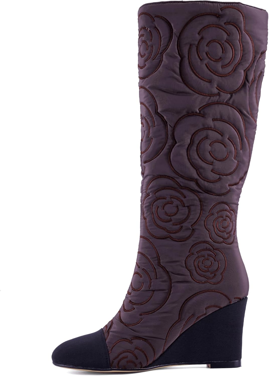 Women's Knee High Wedge Boots, Lightweight Fabric Dress Boots with Round Toe and Side Zipper, Fashion Color Block Design, Comfortable Wedge Heel Boots for Casual, Work, Party