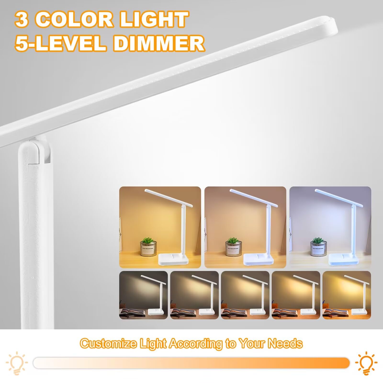 UKOFEW Lámpara Escritorio Led, Flexo Lamparas de Mesita de Noche, Plegable Lampara de Mesa, Ajustable Lamparas sin Cables 3 Modos y Atenuación Anómala para Cama,Oficina,Leer,Estudiar,Nocturna(Blanco)