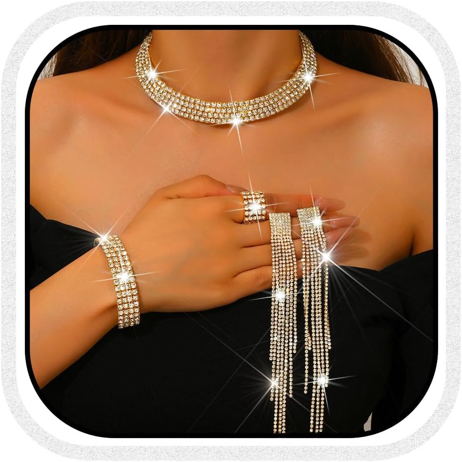 Unicra Rhinestone Bridal Wedding Jewelry Sets Silver Choker Necklace Earrings Bracelet Ring Set Prom Formal Costume Jewelry Set for Women and Brides