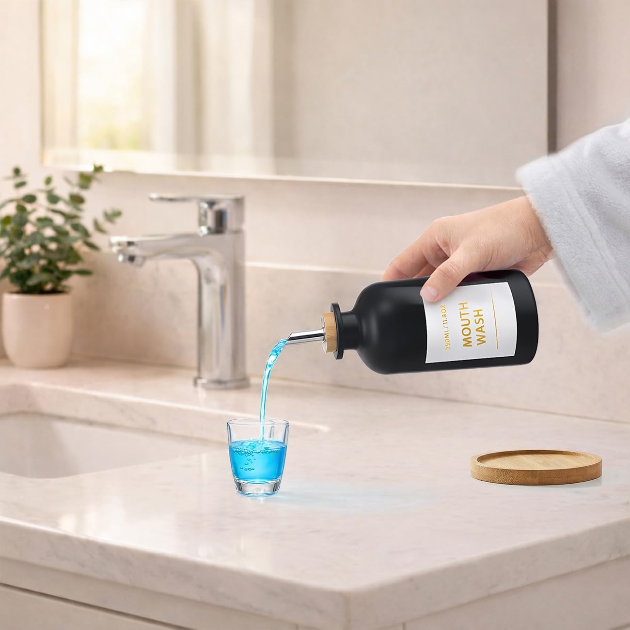 Glass Mouthwash Dispenser Set with Cup & Bamboo Tray, 350ml/11.8oz Refillable Mouth Wash Bottle for Bathroom Countertop, Stainless Steel Pour Spout & Funnel, Modern Vanity Organizer (Black) image 3