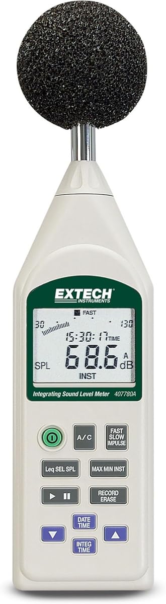 Extech 407780A Sonómetro integrador con USB | Ponderación de A/C, impulso/rápido/lento, 32.000 registros, salida de alarma, software, trípode, parabrisas, estuche