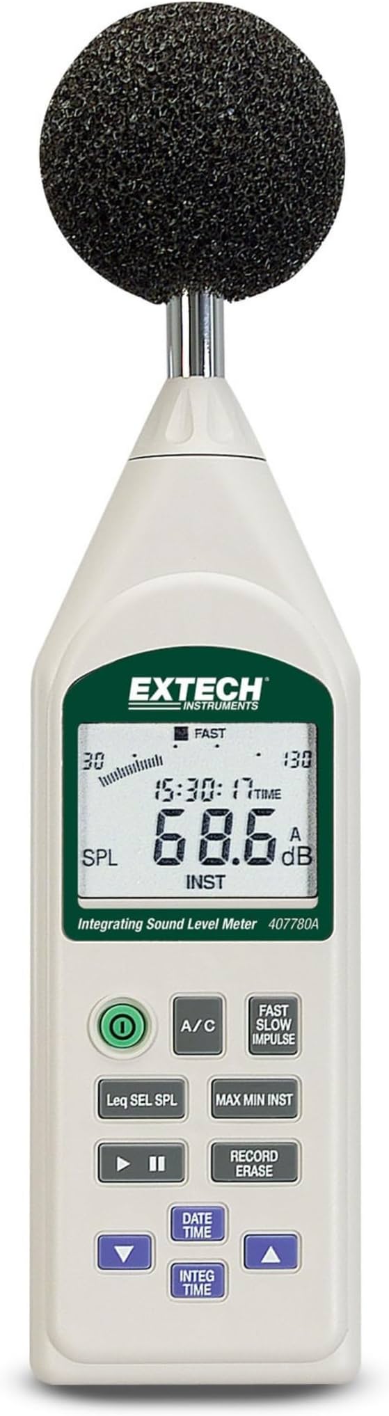 Medidor de nivel de sonido integrador Extech 407780A con USB | Ponderación A/C, impulso/rápido/lento, 32,000 registros, salida de alarma, software, trípode, parabrisas, estuche