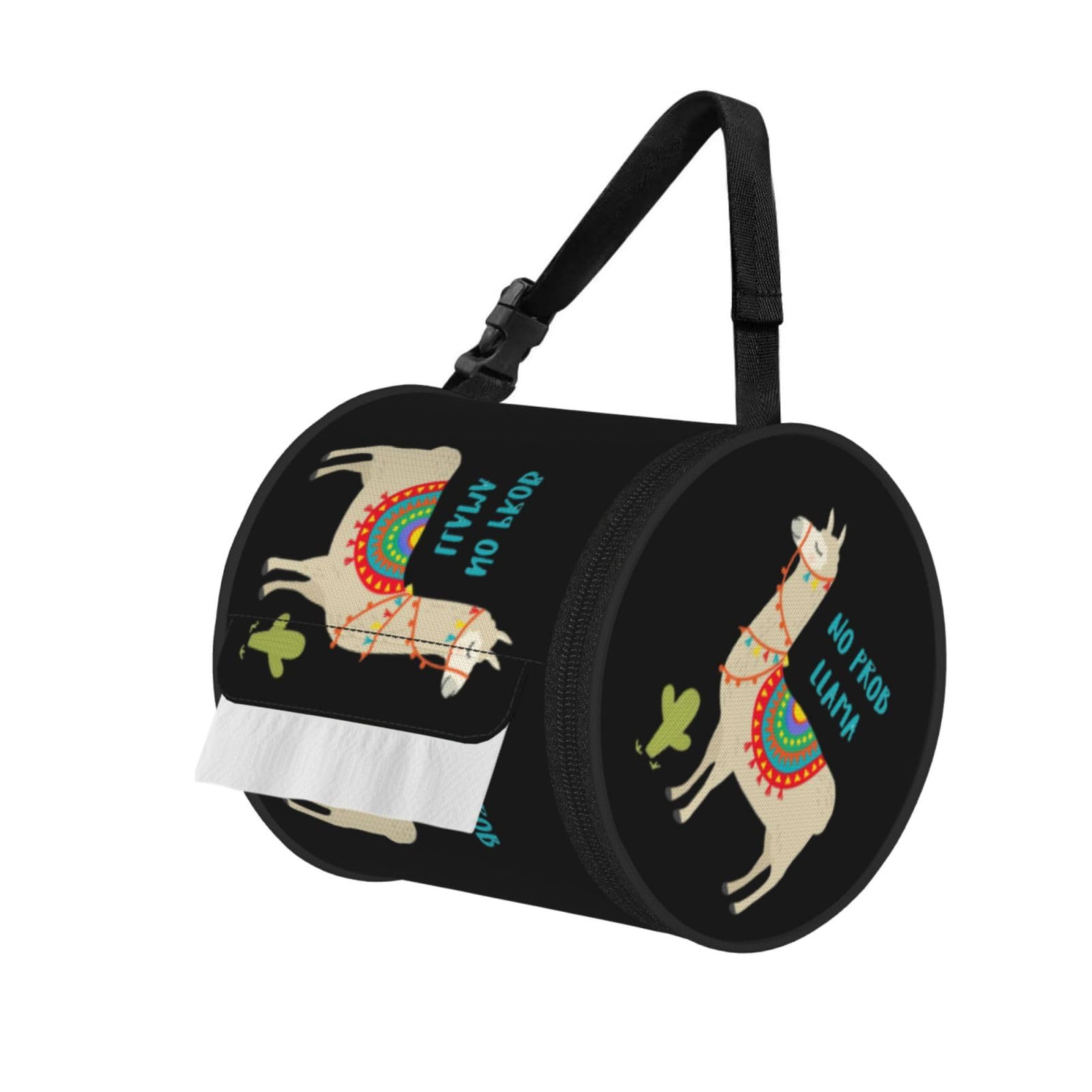 Cute Cartoon Llama Cactus Printed Hanging Tissue Organizer, Smooth Zipper Oxford Cloth Roll Holder for RV Bathroom Desk