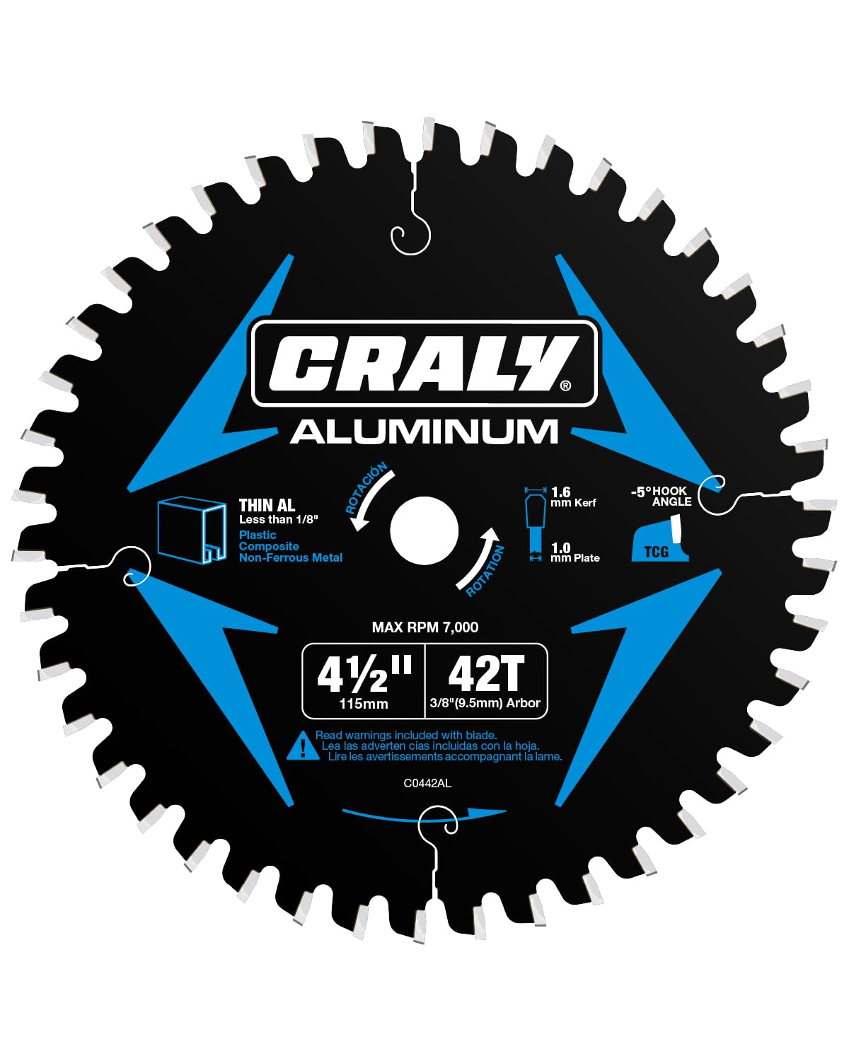 CRALY 4-1/2 Inch 42 Teeth Aluminum and Non-Ferrous Metal Cutting Circular Saw Blade, 3/8 mm Arbor, Carbide Tipped, Thin Kerf, Black Ice™, for Thin