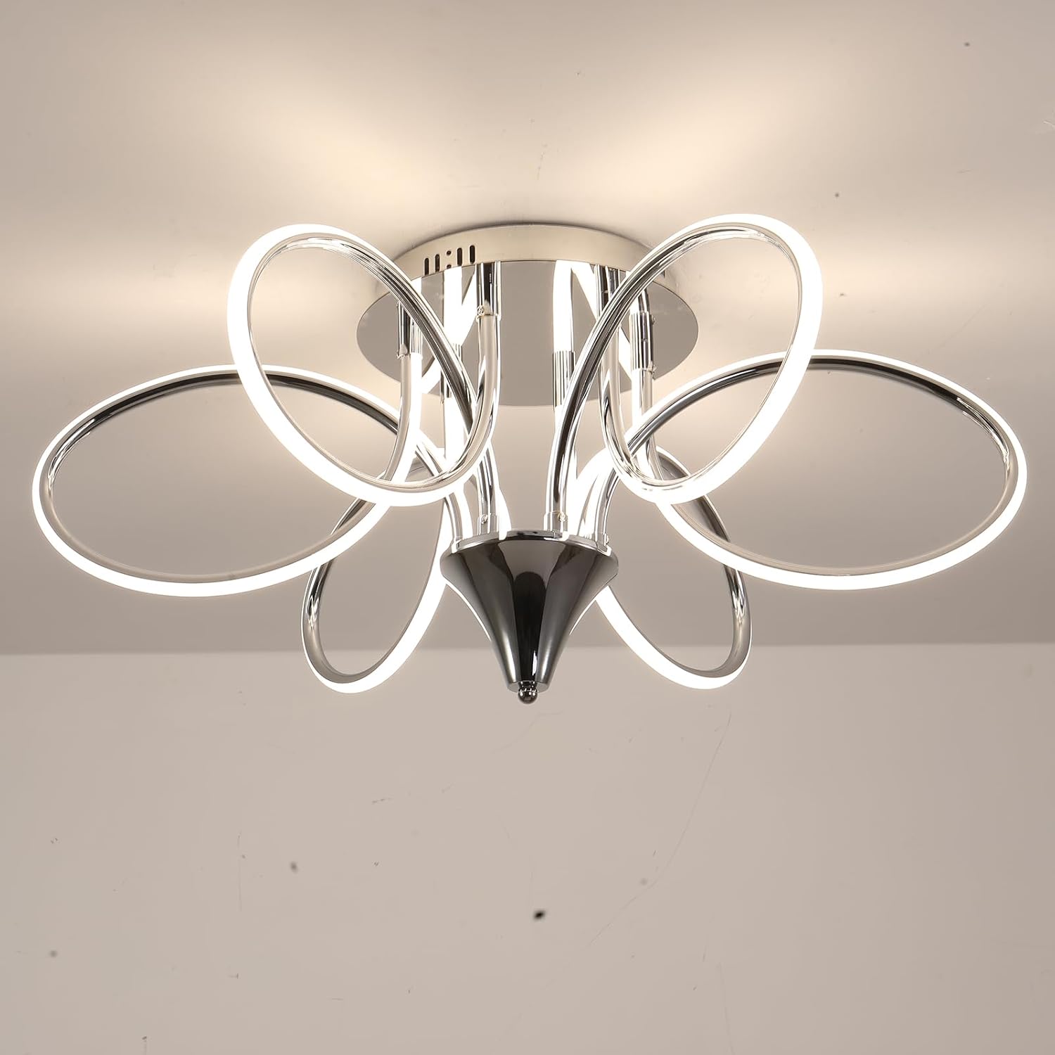 Chrome/Black LED Ceiling Light with Remote Control, Dimmable Lustre with 3 Color Temperature,6 Lights Chandelier for Dining Room (Chrome, Dia30 x H13)