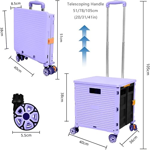 Miniatura 7 de Carrito plegable portátil plegable con mango telescópico de plástico resistente, plegable, 4 ruedas giratorias para viajes, compras, mudanza,