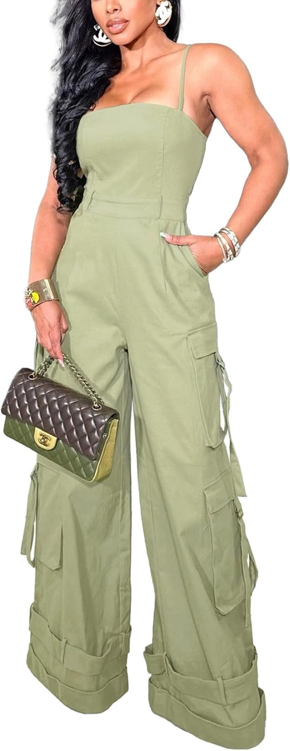 Womens Cargo Jumpsuit Sexy One Piece Outfit Wide Leg Romper Multi Pockets Overalls