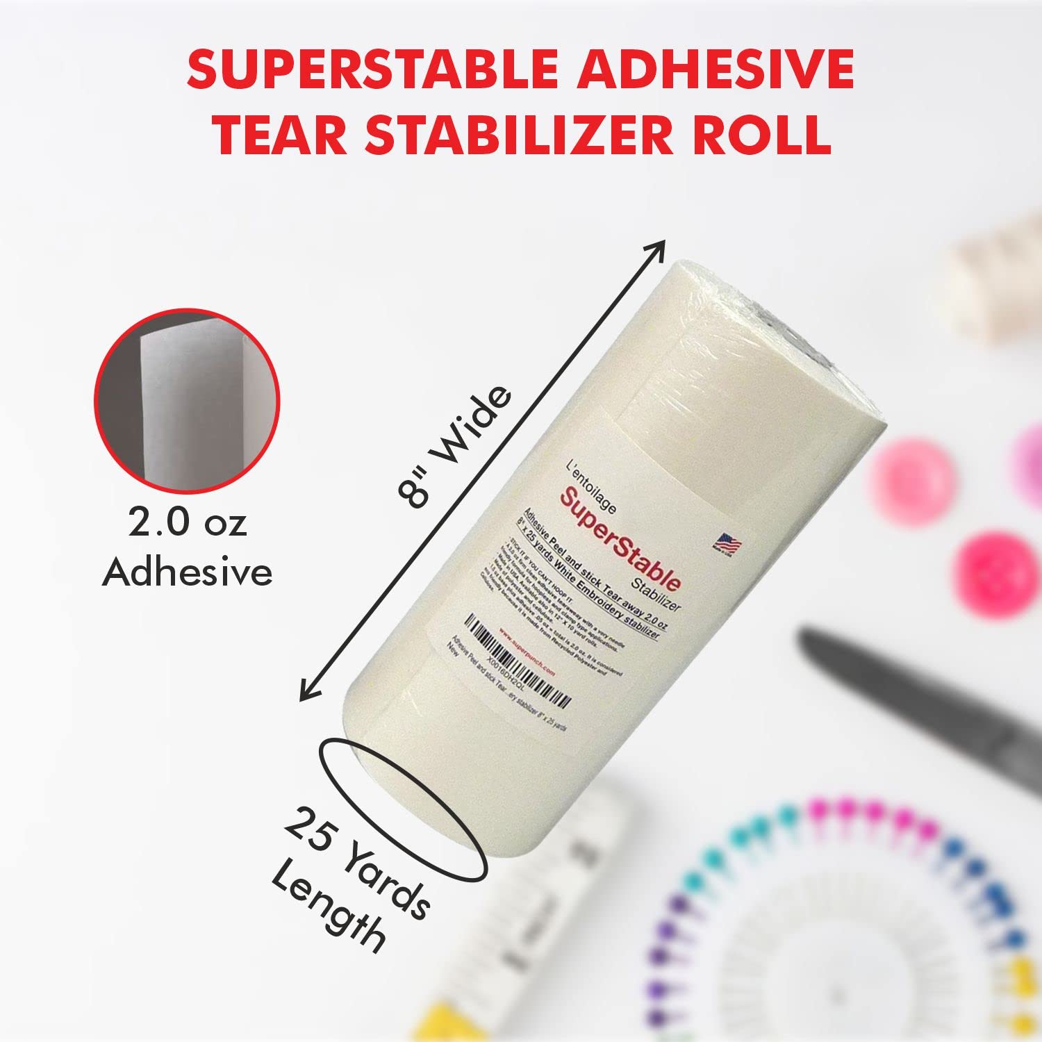 Superpunch White Adhesive Peel & Stick Tear Away Stabilizer for Embroidery - 8-inch x 25-Yard Roll, SuperStable Machine Embroidery Stabilizers Backing 2.0 oz for Hoop Less Embroidery, Made in USA