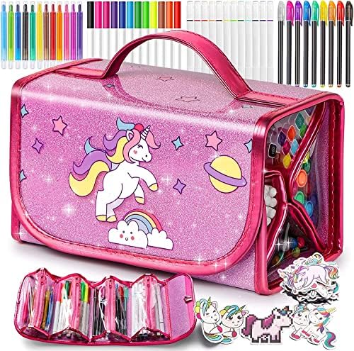 beefunni Unicorn Fruit Scented Washable Markers Set 45 pcs with Glitter Pencil Case, Arts and Crafts for Kids Age 4-6 6-8, Colouring Markers Sets – Unicorn Birthday Gifts for Girls 4 5 6 7 8 Year Old