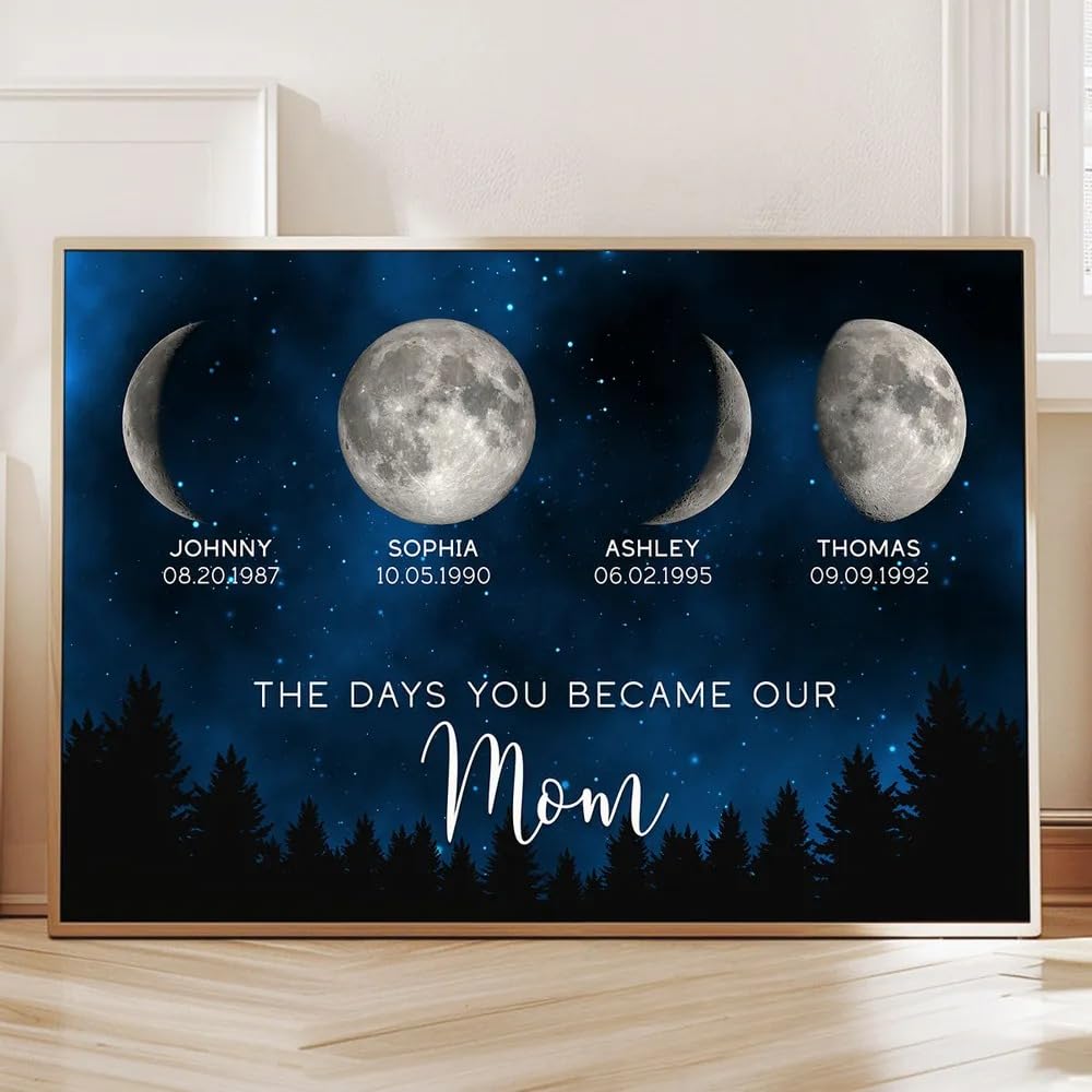 NAZENTI Night The Days You Became Our Mom Birthday Moon Phase Personalized Poster, A Heartfelt Gift for Mom’s Birthday, Mother’s Day Canvas, Moon Phase Mothers Day Gift