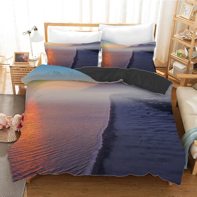 Housse de Couette 240x260 Plage avec 2 Taies Parure Lit Microfibre