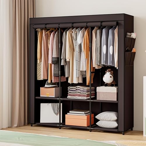 Miniatura 2 de SORCEDAS Portable Closet Wardrobe Storage Organizer Metal Hanging Rack Non-Woven Fabric 50 Inch (Coffee) Café,Negro