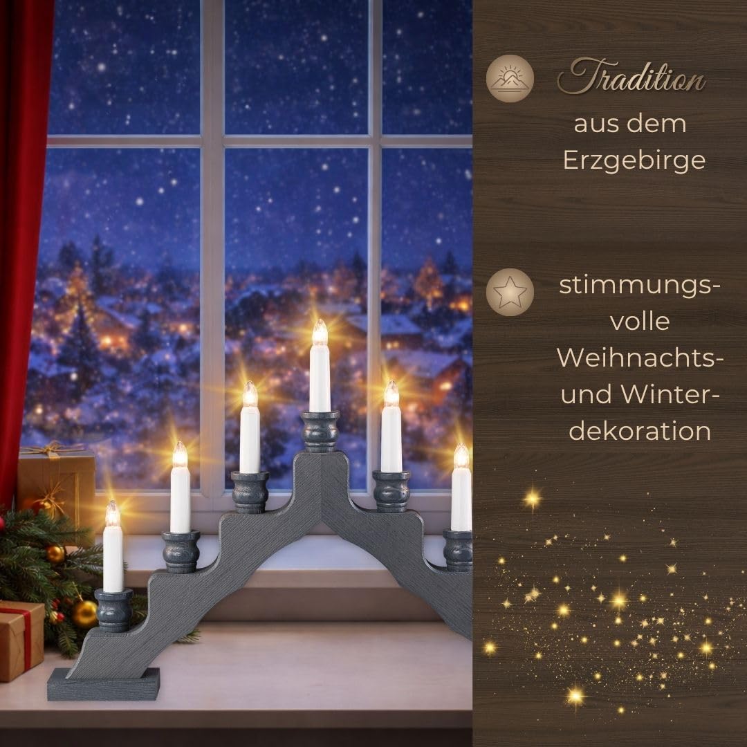 WEIGLA - Schwedenleuchter original Erzgebirge I Trendiger Schwede GRAU I LED I Schwibbogen Weihnachten I 7 Lampenkerzen + 1 Ersatzlampe I 7 x 34 V, 0,2 W, E10 I Weihnachtsdeko innen I Kiefernholz