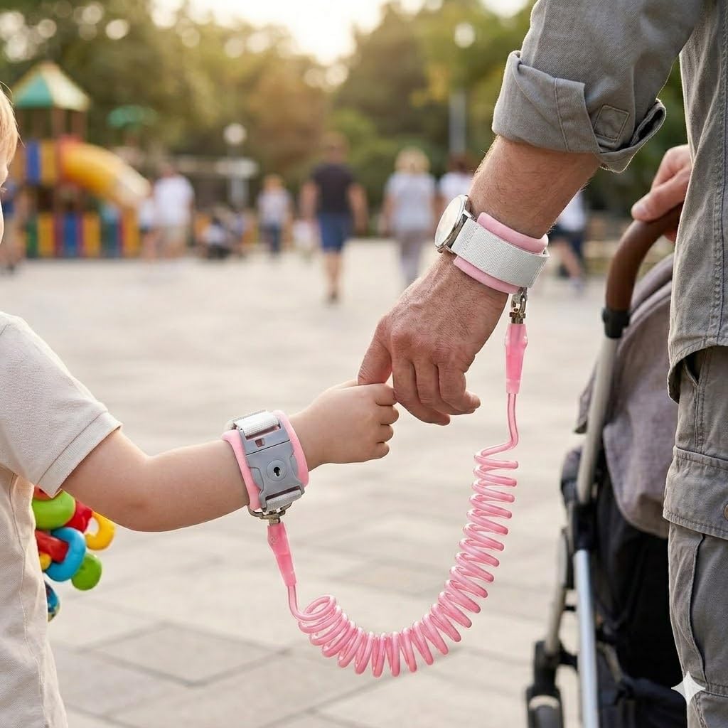 98 inch Retractable Toddler Anti-Lost Wrist Link, Upgraded Safety Leash with Steel Wire, Breathable Padded Wristband for Kids, Child Harness for Walking, Shopping, Travel, Outdoor Activities-Pink